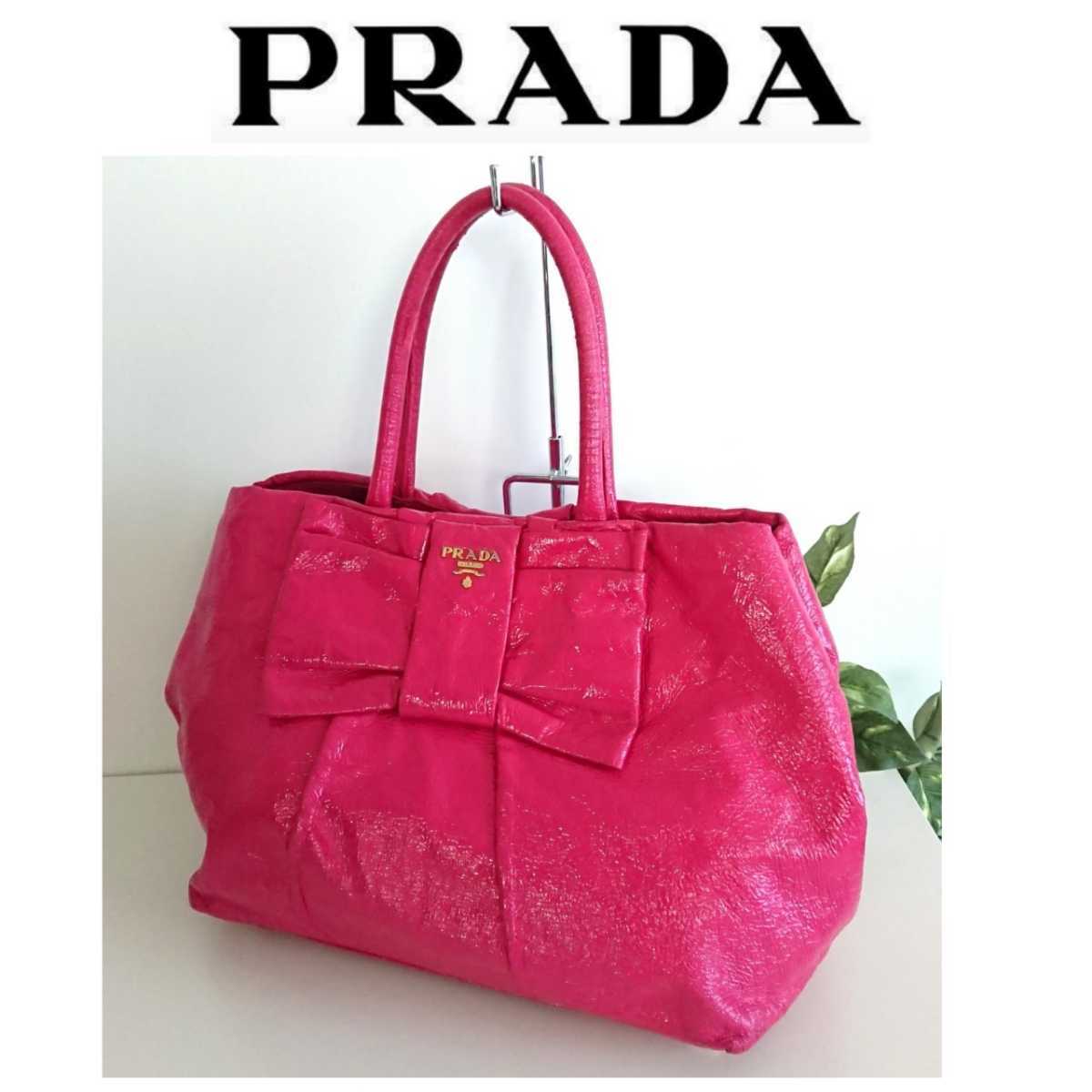 正規 プラダ エナメル レザー ハンドバッグ ミニ トートバッグ 鞄 パテント リボン ピンク ゴールド PRADA miumiu ミュウミュウ イタリア製_画像1