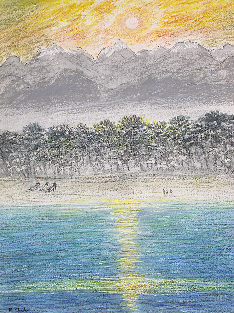 □尾崎良二□ 【白子の海と鈴鹿山】 パステル 6号 直筆サイン 共 □尾崎良二□ 【白子の海と鈴鹿山】 パステル 6号 直筆サイン 共