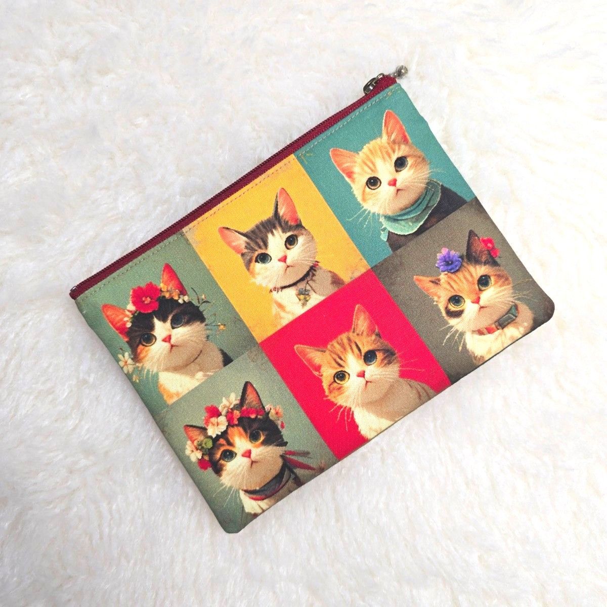 ハンドメイド 猫パネル生地 フラットポーチ ファスナーポーチ ハンドメイド 猫パネル生地 フラットポーチ ファスナーポーチ