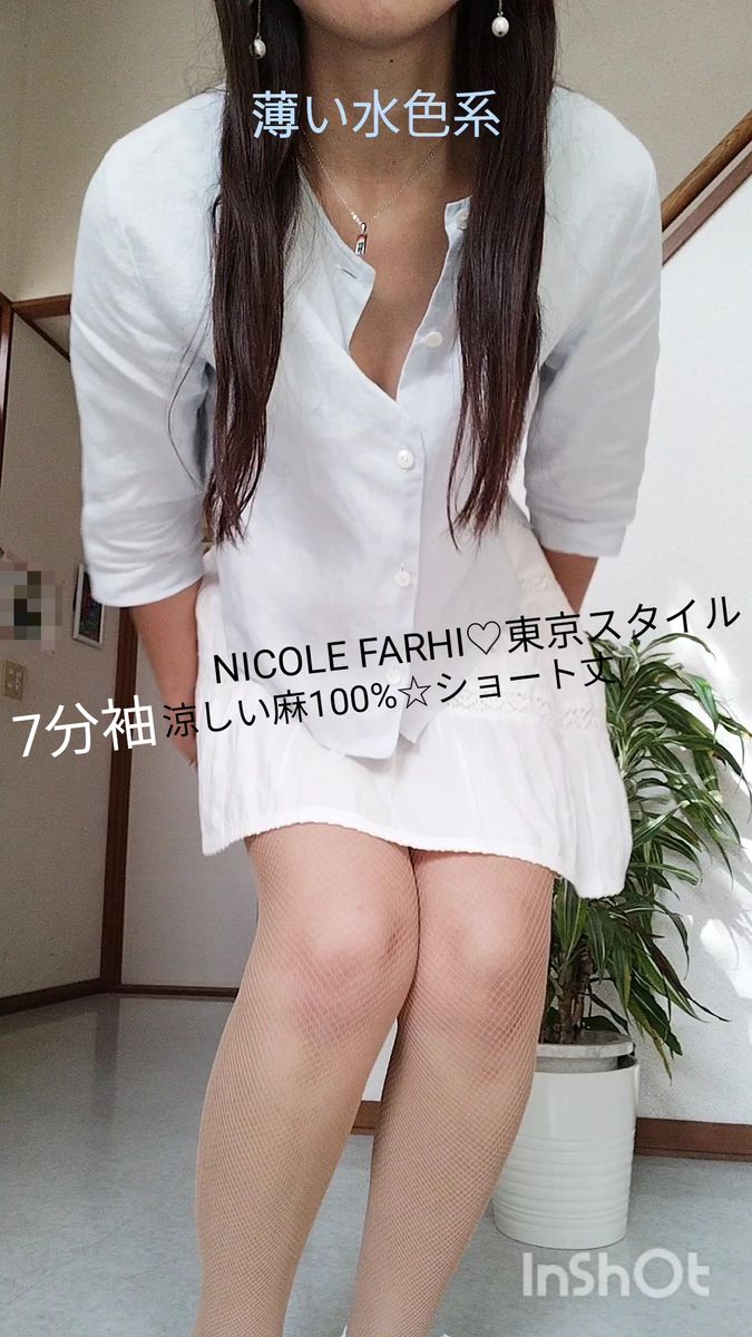 NICOLE FARHI 東京スタイル☆涼しい麻100%☆ショート丈☆レディース☆7分袖☆ノーカラーブラウス☆BGMあり♪