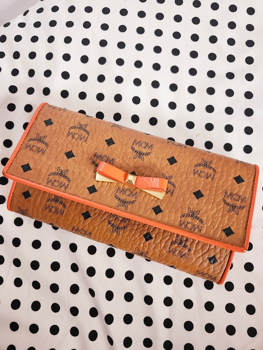 MCM リボンレザー財布 MCM 長財布 財布 レザー モノグラム オレンジ リボン 美品