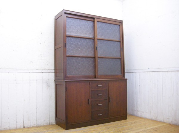 木製 最先端 ダイヤガラス 食器棚 戸棚 値引 収納 ビンテージ 洋館 アンティーク 140009