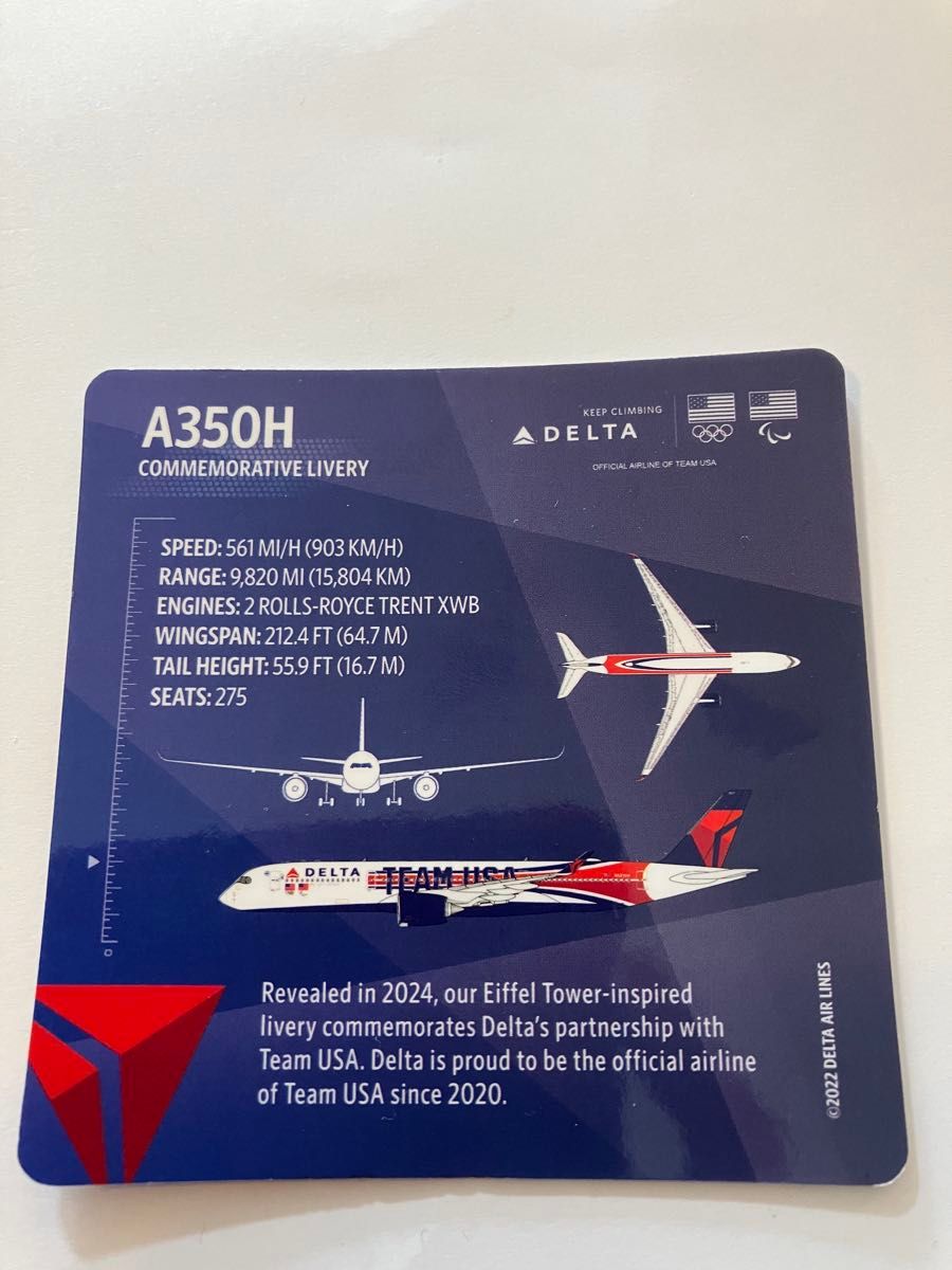 デルタ航空 パリ五輪記念飛行機カード A350 TEAM USA DELTA デルタ航空 パリ五輪記念飛行機カード A350 TEAM USA DELTA