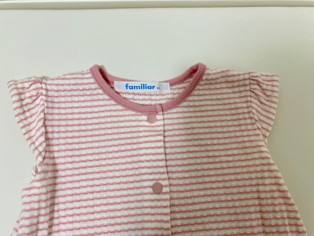 familiar】ファミリア ロンパース 80 夏服 ピンク 桜 フリル familiar】ファミリア ロンパース 80 夏服 ピンク 桜 フリル
