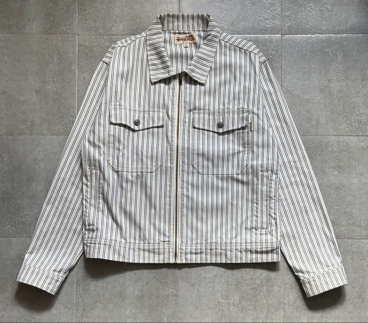 STUSSY WORKGEAR JACKET革パッチロゴ付 ストライプ ワーク STUSSY WORKGEAR JACKET革パッチロゴ付 ストライプ ワーク