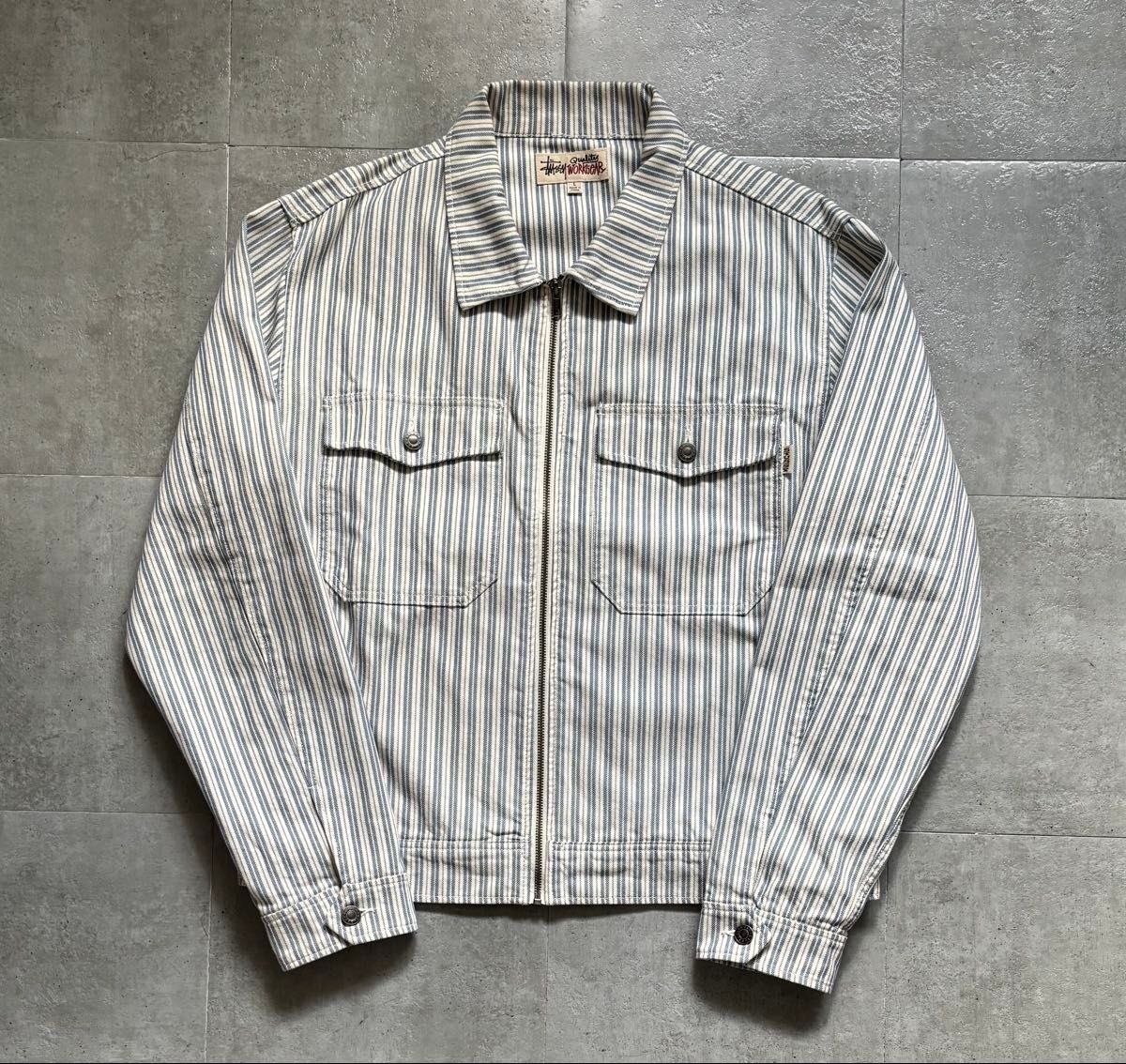 STUSSY WORKGEAR JACKET革パッチロゴ付 ストライプ ワーク STUSSY WORKGEAR JACKET革パッチロゴ付 ストライプ ワーク