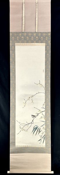 真作/春秋/紅白梅鴬図/鶯/花鳥図/布袋屋掛軸HJ-963 h4404z【真作】平福百穂「梅鶯図」掛軸 絹本 肉筆 花鳥図 鳥獣