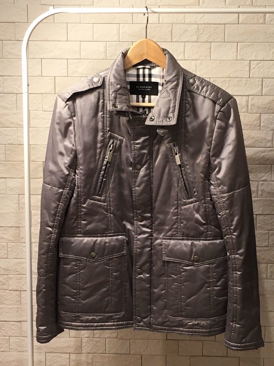 BURBERRY BLACK LABEL 中わた入りナイロンシングルライダースジャケット Mサイズ シルバーグレー バーバリーブラックレーベル チェック