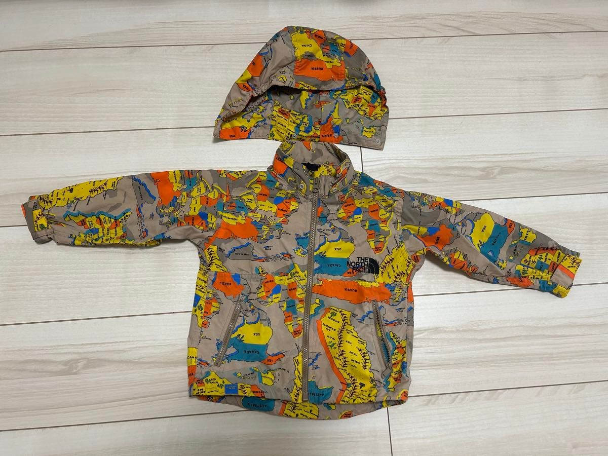 地図模様 フード付きウィンドブレーカー 未使用に近い】90cm Northface キッズ 地図柄 ウィンド