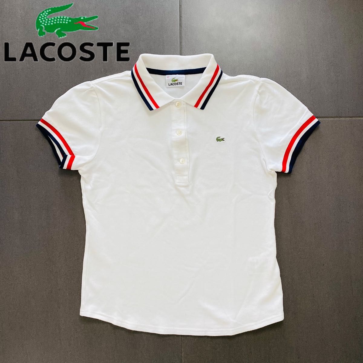【新品タグ付き】ラコステ 半袖ポロシャツ 襟ライン トリコロール ネイビー L LACOSTE ラコステ トリコロールライン ワンポイントロゴ 半袖