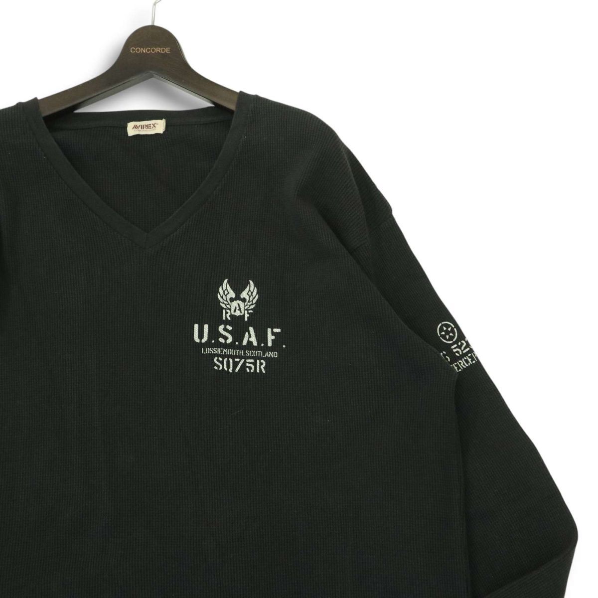 AVIREX アヴィレックス U.S.A.F★ 長袖 ワッフル サーマル Vネック Tシャツ カットソー Sz.4L 黒 メンズ 大きいサイズ 特大　A5T03298_4#F