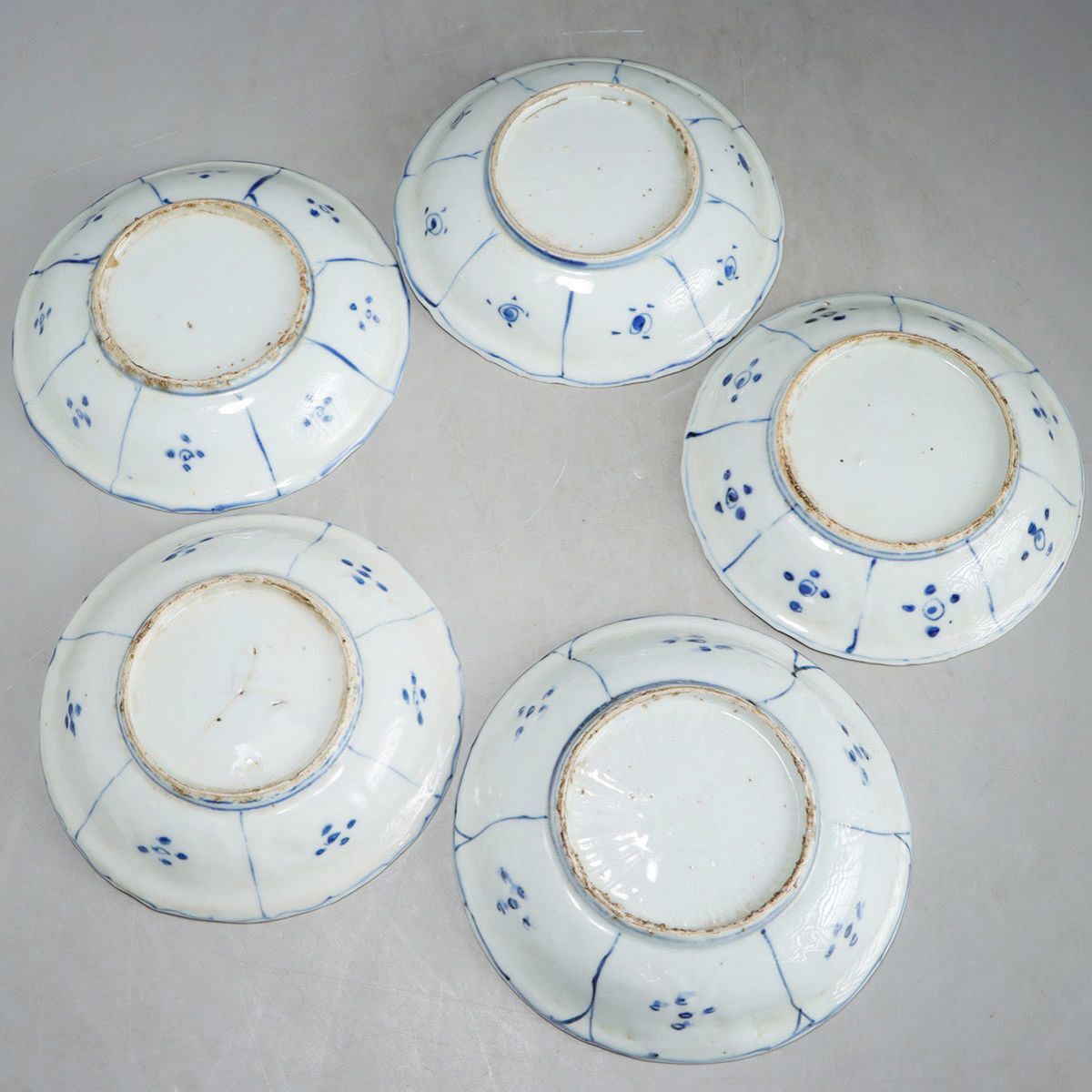 PL180. 中国古玩 明代 古染付 芙蓉手 花鳥文 皿 五客 合箱 PL180. 中国古玩 明代 古染付 芙蓉手 花鳥文 皿 五客 合箱