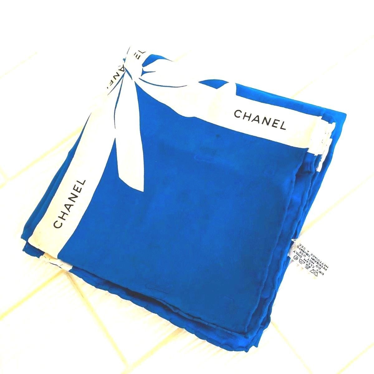 CHANEL シャネル スカーフ リボン ブルー 青 シルク SILK100 CHANEL シャネル スカーフ リボン ブルー 青 シルク SILK100