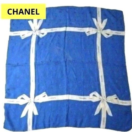 CHANEL シャネル スカーフ リボン ブルー 青 シルク SILK100 CHANEL シャネル スカーフ リボン ブルー 青 シルク SILK100