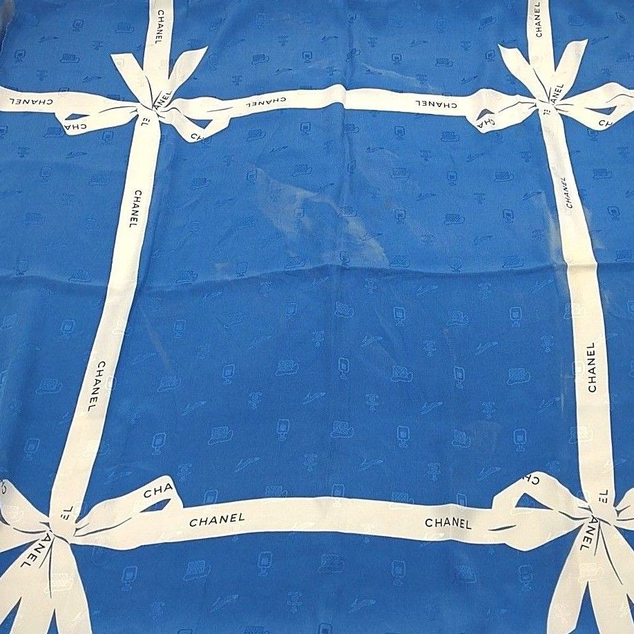 CHANEL シャネル スカーフ リボン ブルー 青 シルク SILK100 CHANEL シャネル スカーフ リボン ブルー 青 シルク SILK100