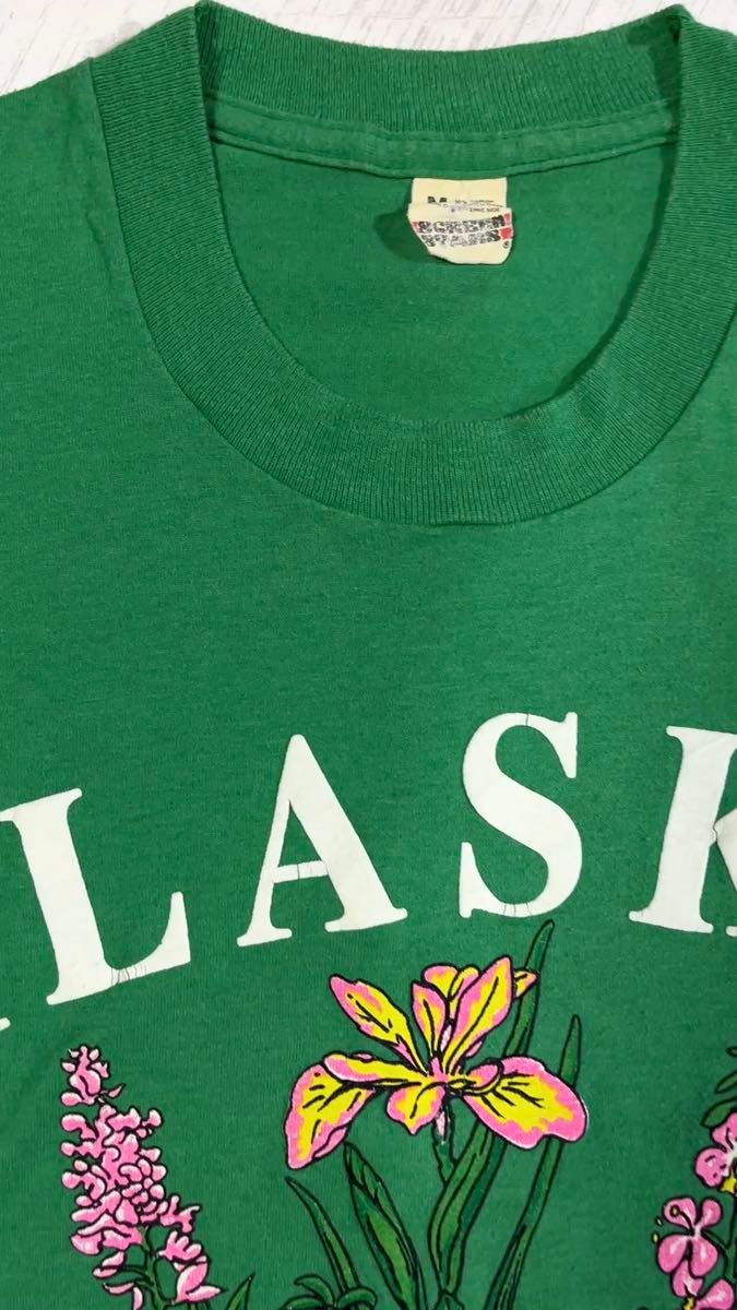 80s USA スクリーンスターズ ALASKA アラスカ ワイルドフラワー プリント Tシャツ M グリーン ビンテージ 古着