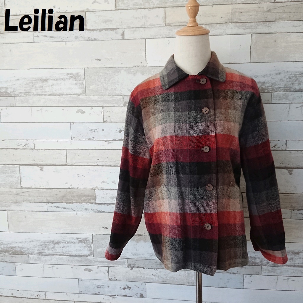 【人気】Leilian/レリアン チェック柄ウールジャケット レッド×ブラック×ホワイト サイズ９ レディース/4792_画像1