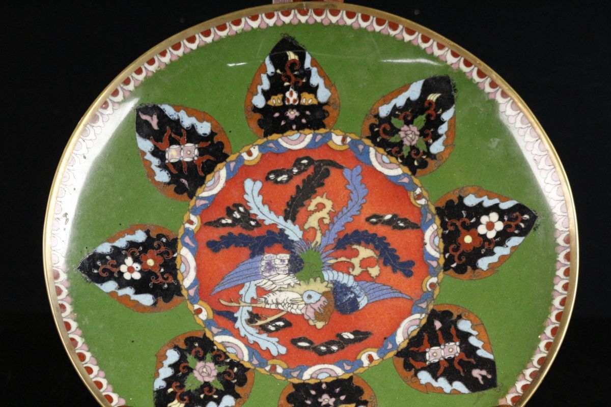 LIG】明治期 尾張七宝 有線七宝 草花鳳凰図大皿 細密植線 明治 LIG】明治期 尾張七宝 有線七宝 草花鳳凰図大皿 細密植線 明治