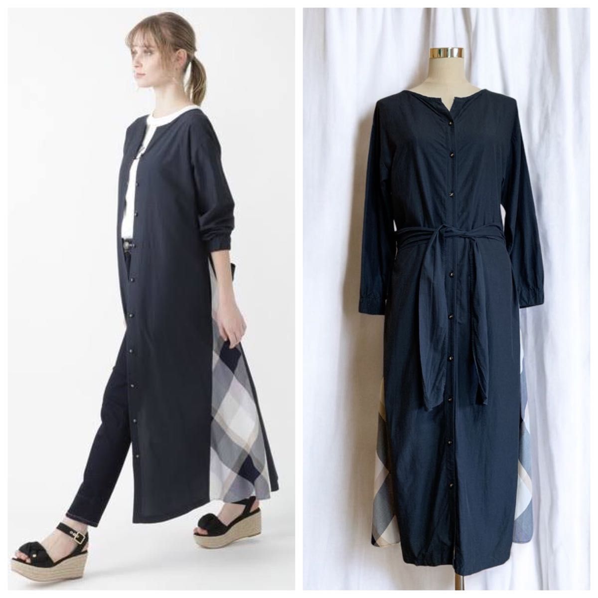 BLUELABEL CRESTBRIDGE シャツワンピース サイドチェック柄 BLUELABEL CRESTBRIDGE シャツワンピース サイドチェック柄