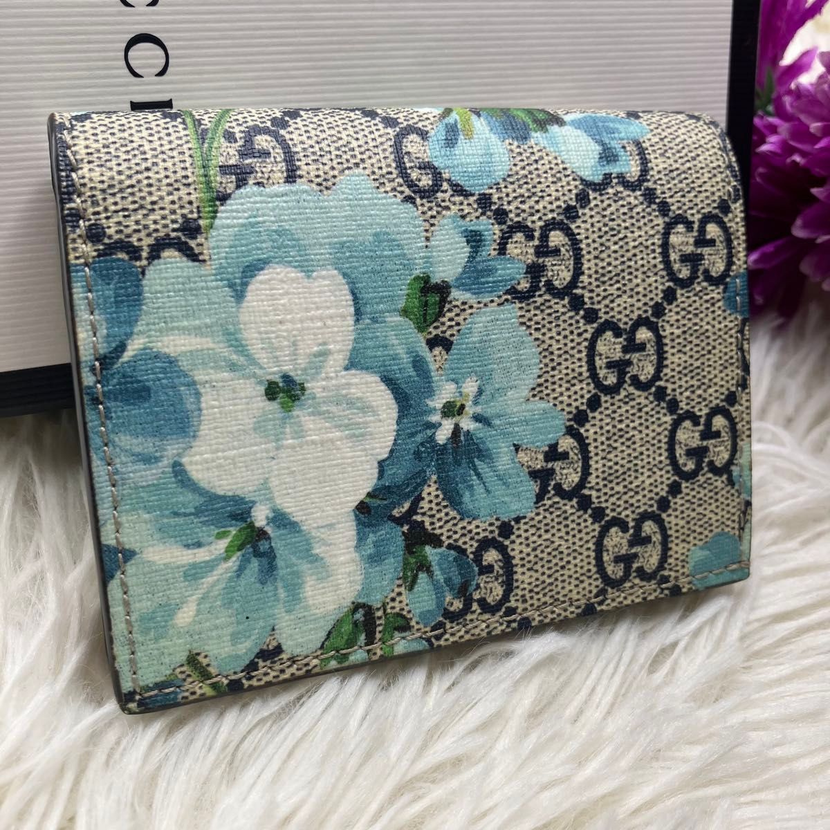 未使用級】グッチ 二つ折り財布 ベージュ ライトブルー 未使用級】グッチ 二つ折り財布 ベージュ ライトブルー