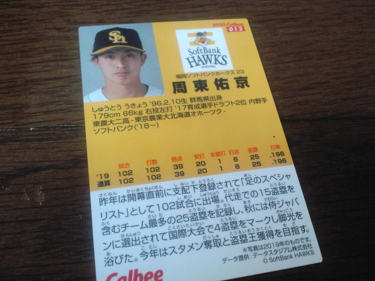 ［同梱可］★周東佑京（福岡ソフトバンクホークス）★レギュラーカード（012）☆2020年カルビープロ野球カード第1弾_画像2