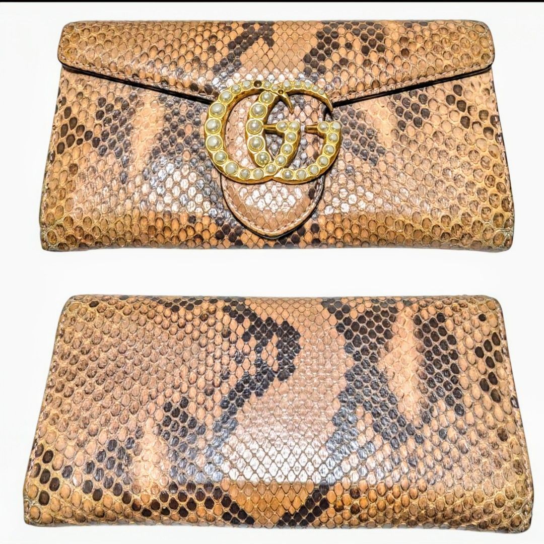 美品】GUCCI グッチ GGマーモント パール リアルパイソン 長財布 美品】GUCCI グッチ GGマーモント パール リアルパイソン 長財布