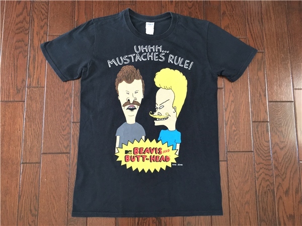 ビーバス＆バットヘッド ＢＥＡＶＩＳ＆ＢＵＴＴ－ＨＥＡＤ ＭＵＳＴＡＨＣＥＳ Ｔシャツ Ｓ 黒 ＭＴＶ アメコミ キャラクター 口髭_画像2