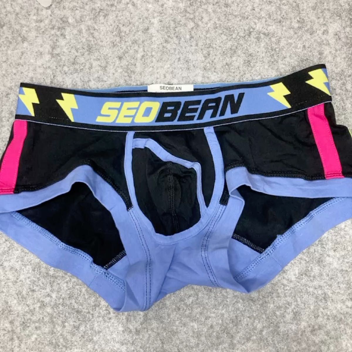 【SEOBEAN】ローライズ ボクサーパンツ 前閉じ ブラック パープル 雷モチーフ 横ライン Mサイズ
