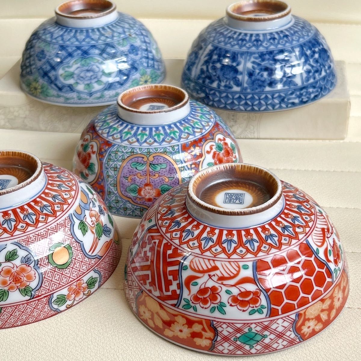 美濃焼 龍峰窯 絵変わり 飯碗揃 5枚セット 古伊万里 金彩赤絵 染