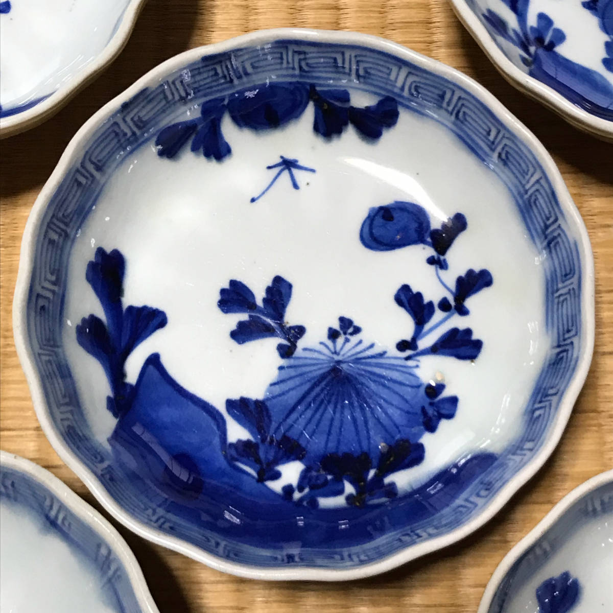 朝霧★江戸後期!江戸末期!古伊万里 染付 鉢/なます皿5客/食器!花蝶図!★管理番号11