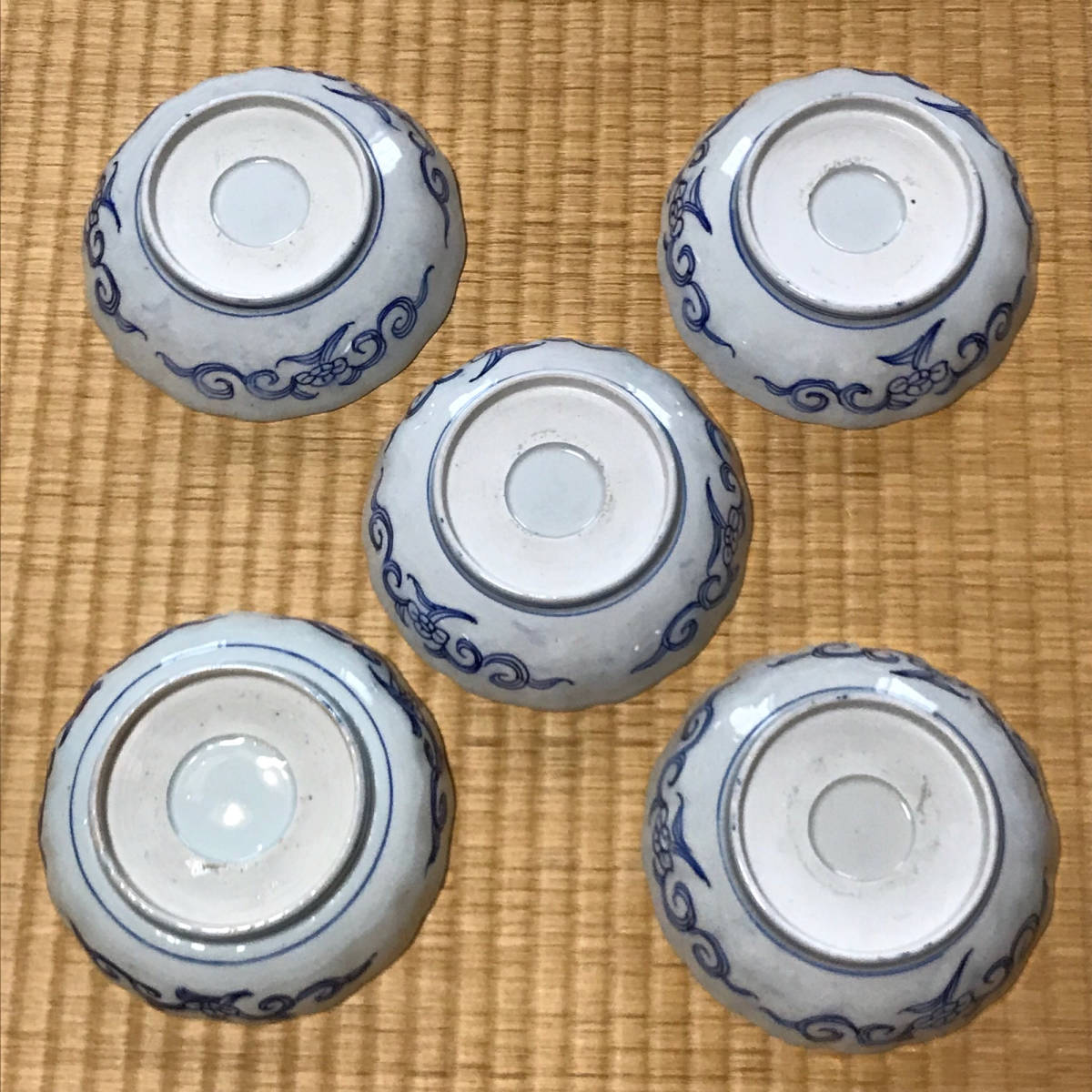 朝霧★江戸末期!古伊万里 染付 ベロ藍 鉢/なます皿5客/食器!花蝶図!直径 約15.5㎝!★管理番号6
