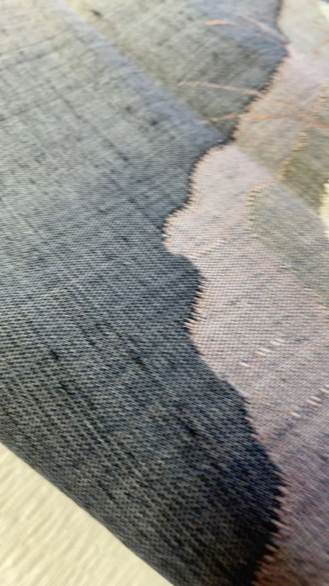 ほぼ未使用 帯 名古屋帯 刺繍花柄 ブルーグラデーション 綿紬
