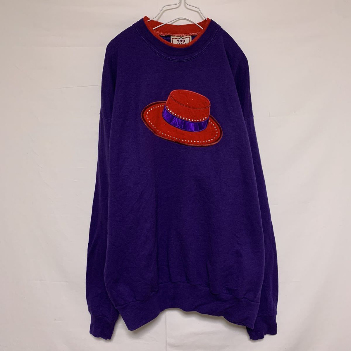 top stitch тренировочный футболка 2 -слойный воротник обратная сторона ворсистый вышивка шляпа шляпа стразы фиолетовый лиловый красный красный 