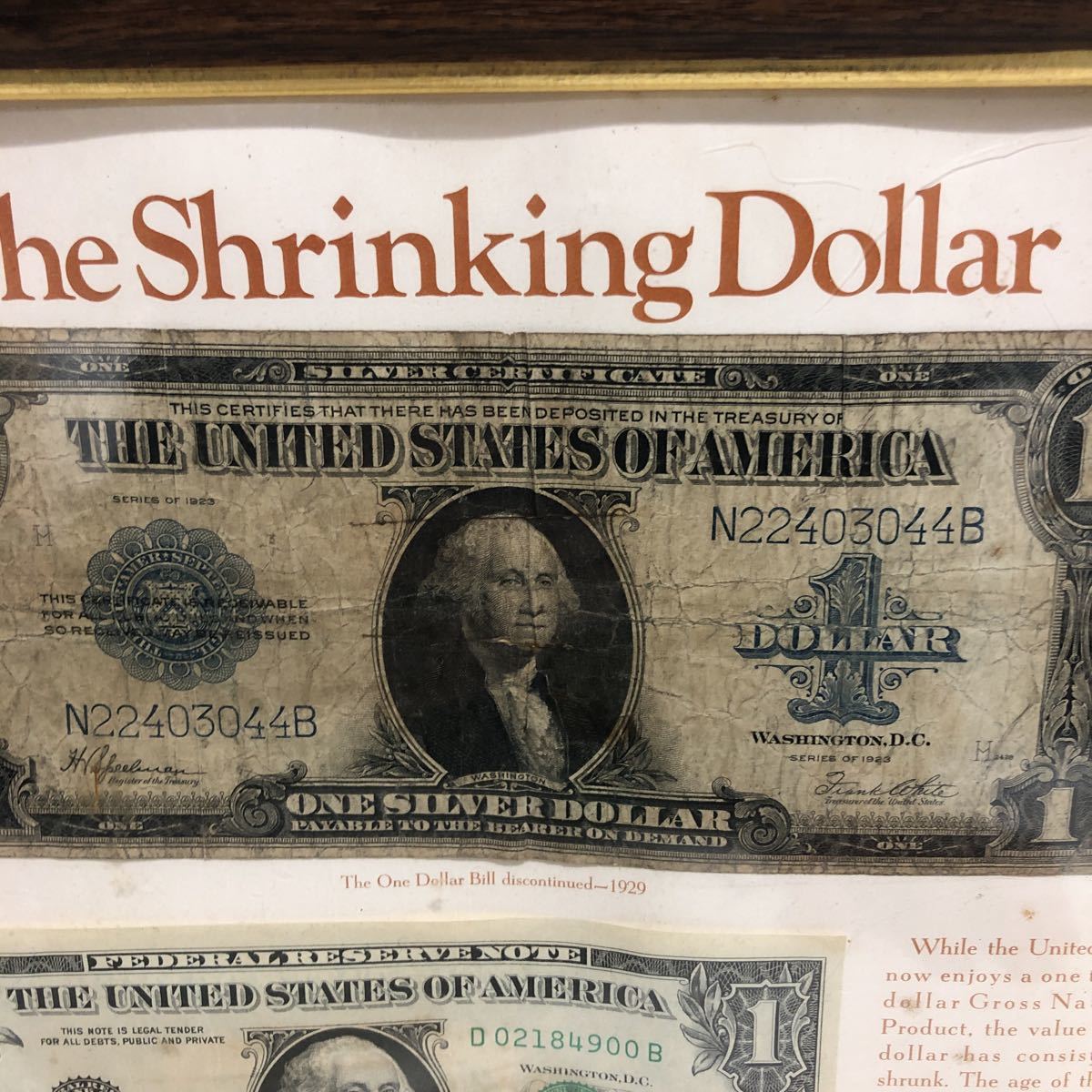 THE SHRINKING DOLLAR アメリカ 紙幣 古 1ドル 壁掛け コレクション 額縁付き_画像2