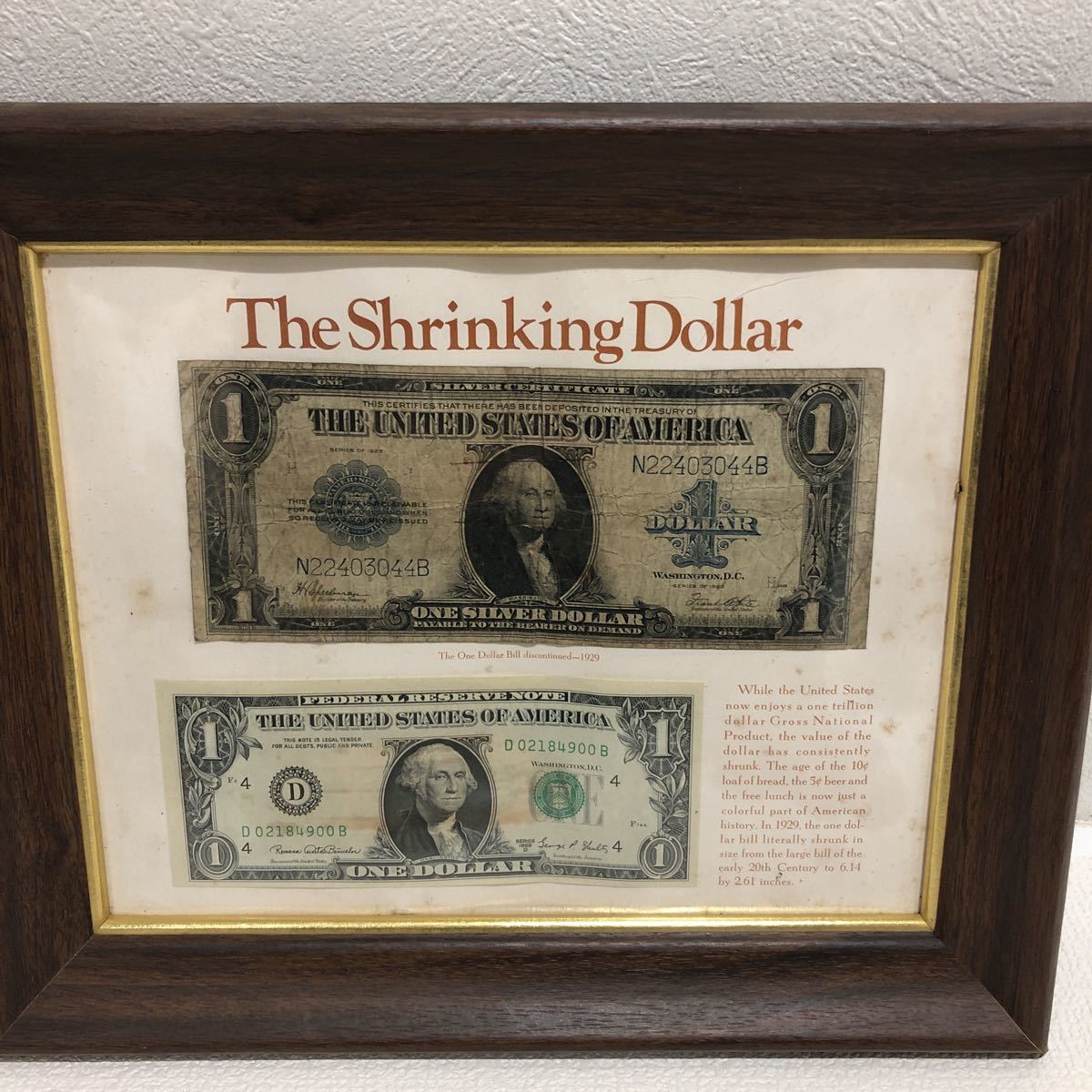 THE SHRINKING DOLLAR アメリカ 紙幣 古 1ドル 壁掛け コレクション 額縁付き_画像1