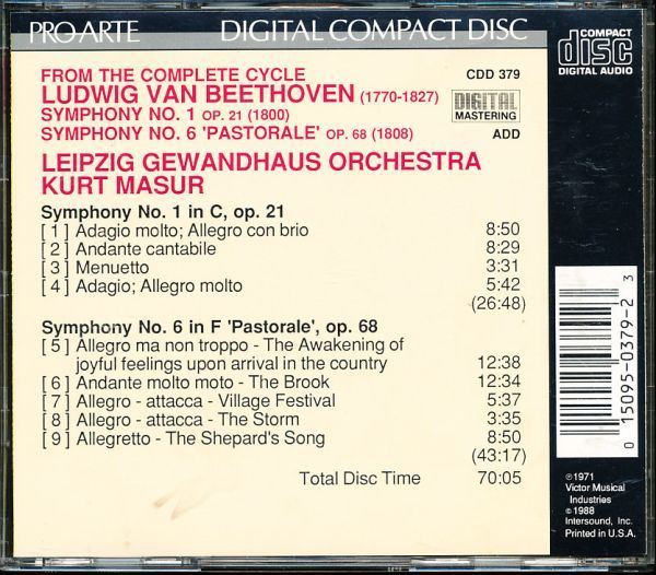 PROARTE初期盤 マズア：ライプツィヒ・ ゲヴァントハウス - ベートーヴェン：交響曲No.1 & 6　4枚同梱可　4B00000E5TA_画像2