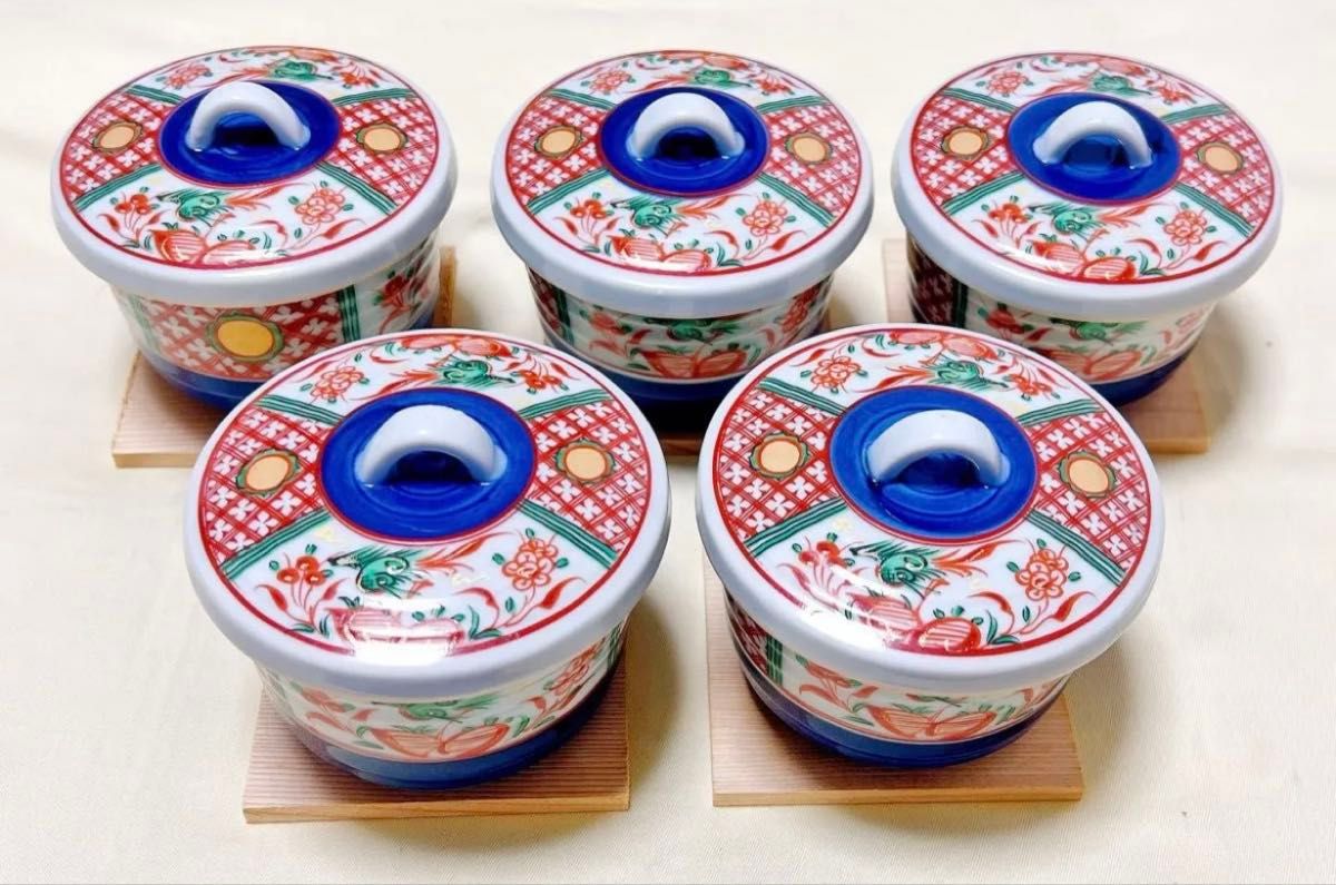 和食器 陶彩 幸泉 間取赤絵花鳥柄 敷板付き 茶碗蒸し器揃 蓋付 和食器 陶彩 幸泉 間取赤絵花鳥柄 敷板付き 茶碗蒸し器揃 蓋付