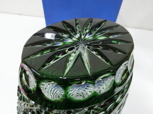 豊2017Y/1B〇マイセンクリスタル 花瓶 フラワーベース 碧ガラス 緑色 被せ 手彫 切子〇_画像10