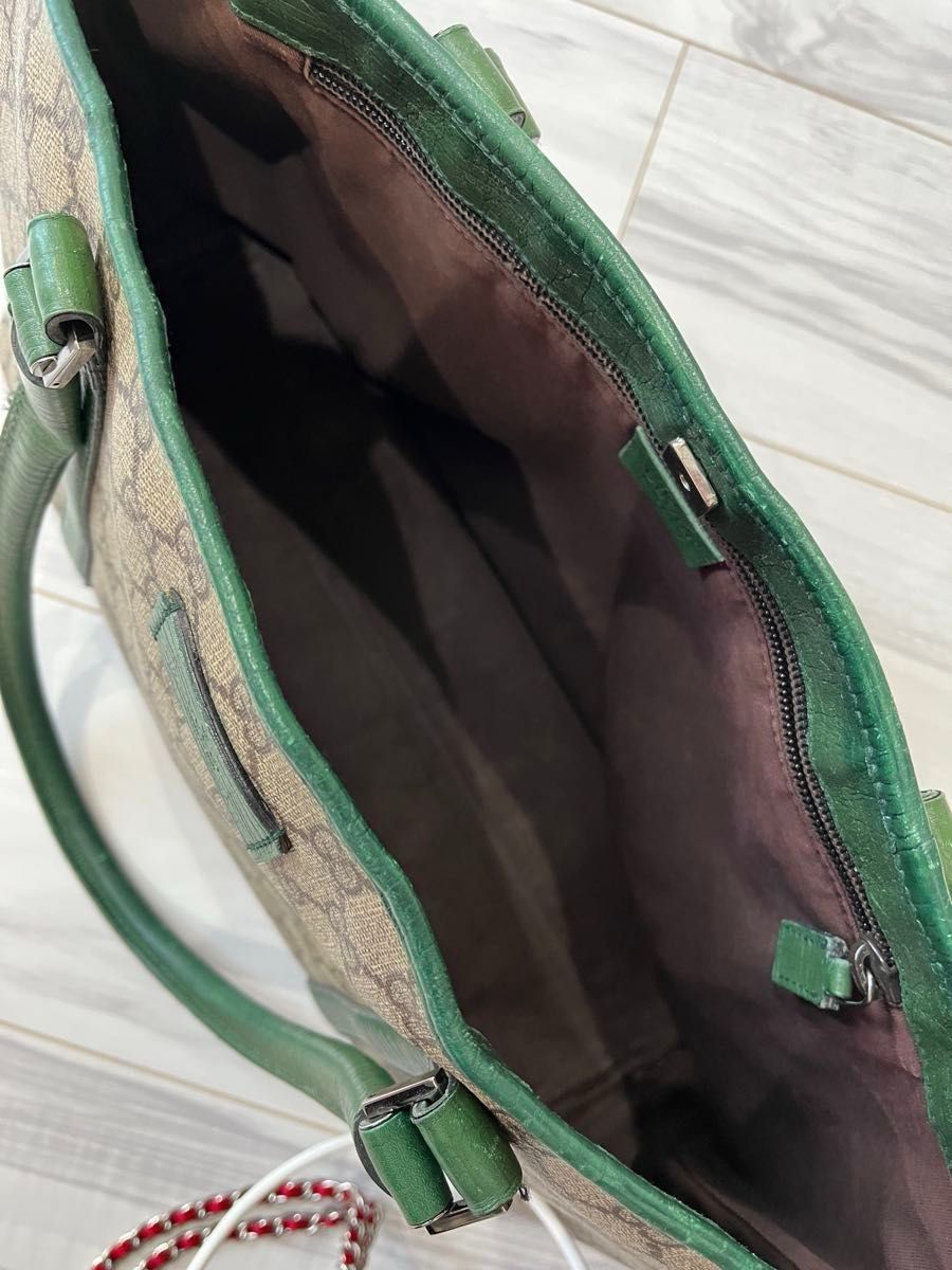 959 A4可 GUCCIグリーン緑GGトートバッグ ベージュ レザー PVC 959 A4可 GUCCIグリーン緑GGトートバッグ ベージュ レザー PVC