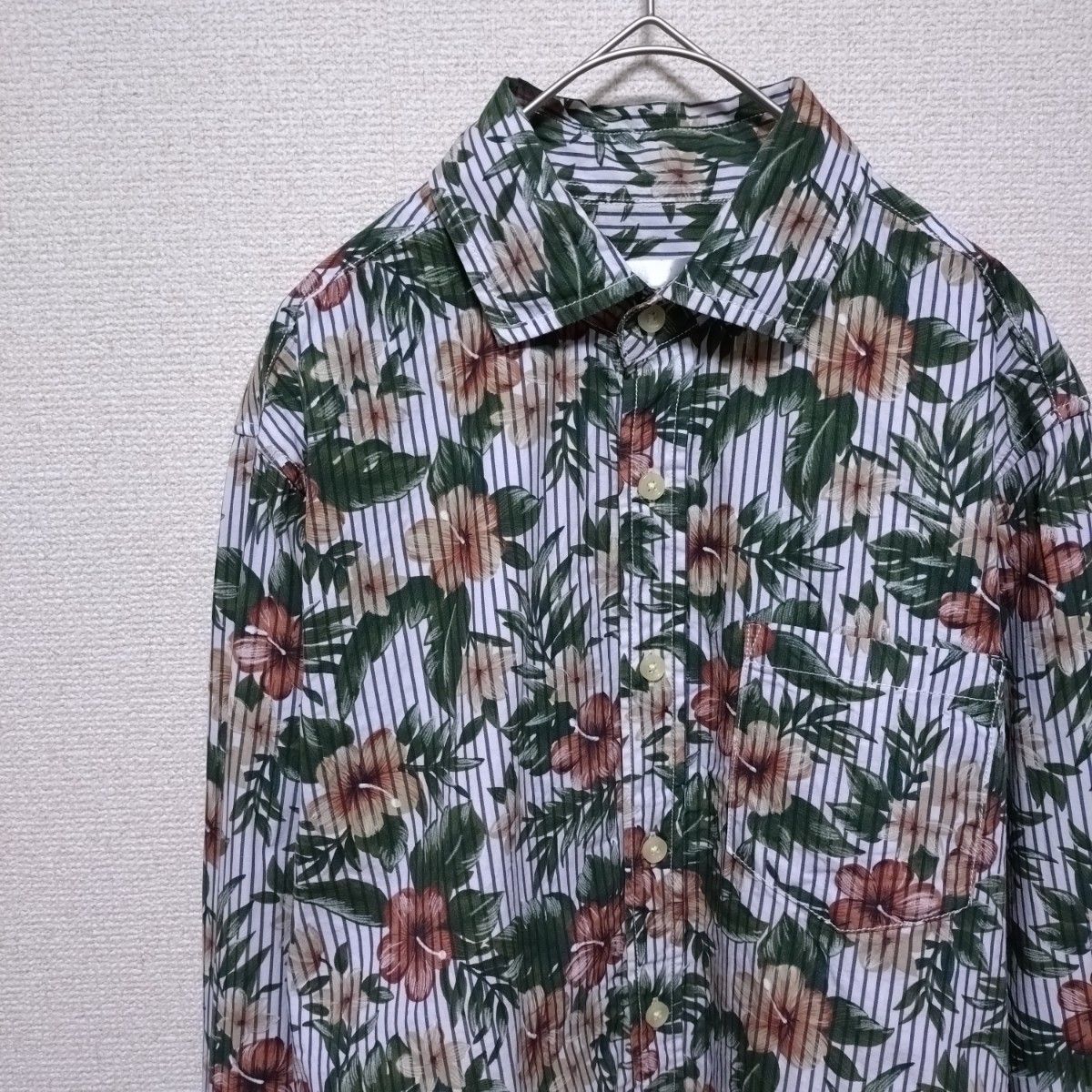 ストライプボタニカル花柄シャツ Mサイズ HOB 】柄シャツ 古着 ストライプボタニカル花柄シャツ Mサイズ HOB 】柄シャツ 古着