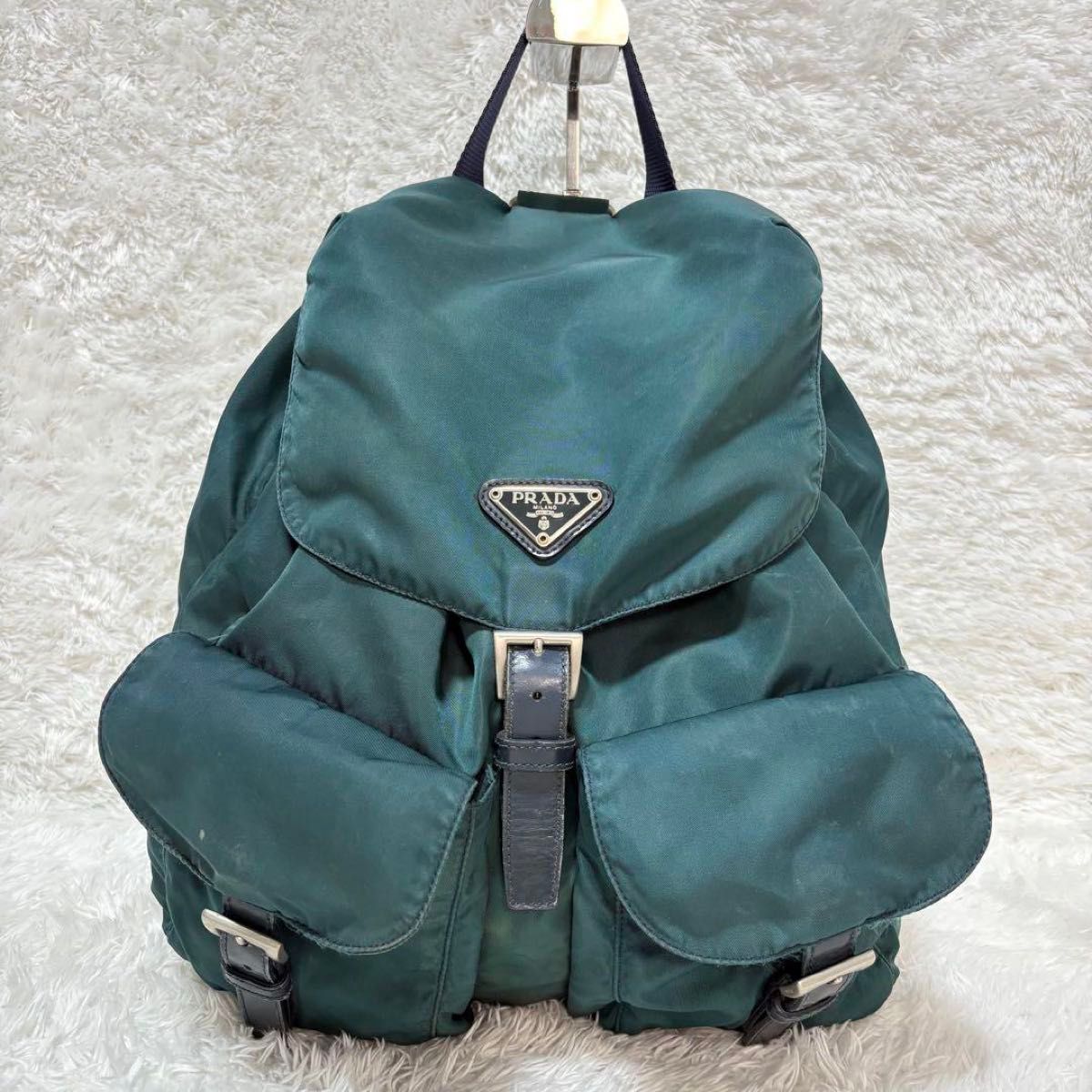 PRADA プラダ リュック バッグ ナイロン レザー 三角ロゴ グリー PRADA プラダ リュック バッグ ナイロン レザー 三角ロゴ グリー