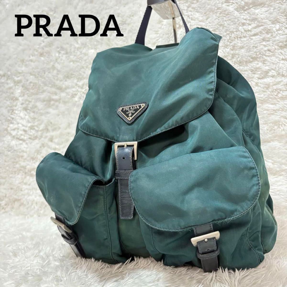 PRADA プラダ リュック バッグ ナイロン レザー 三角ロゴ グリー PRADA プラダ リュック バッグ ナイロン レザー 三角ロゴ グリー