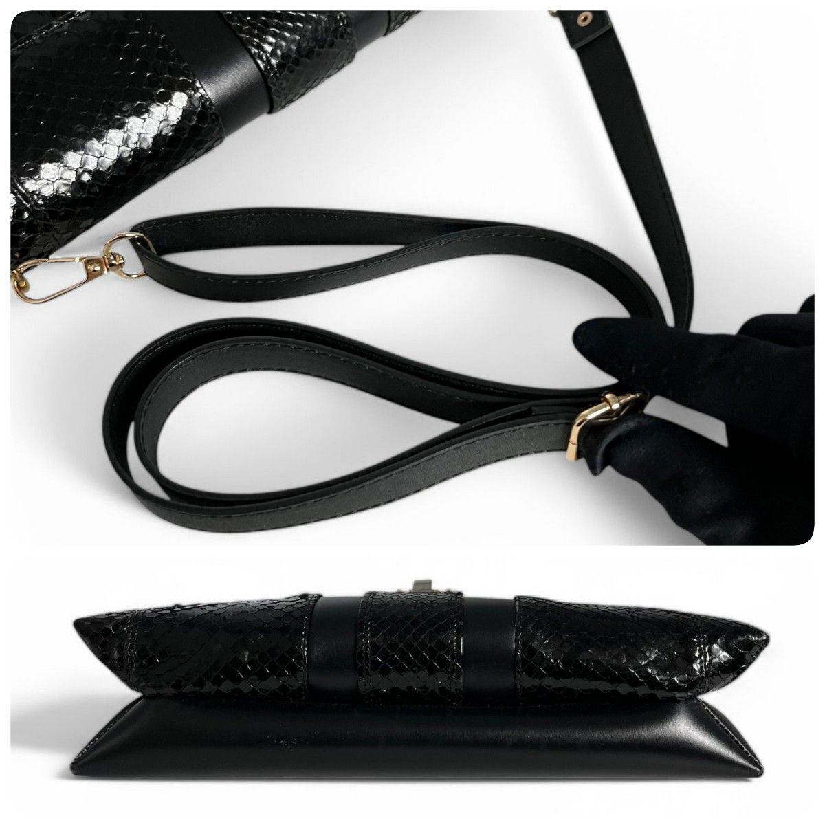 美品 パイソン 蛇革 ショルダーバッグ 黒 ブラック 2WAY レザー 美品 パイソン 蛇革 ショルダーバッグ 黒 ブラック 2WAY レザー