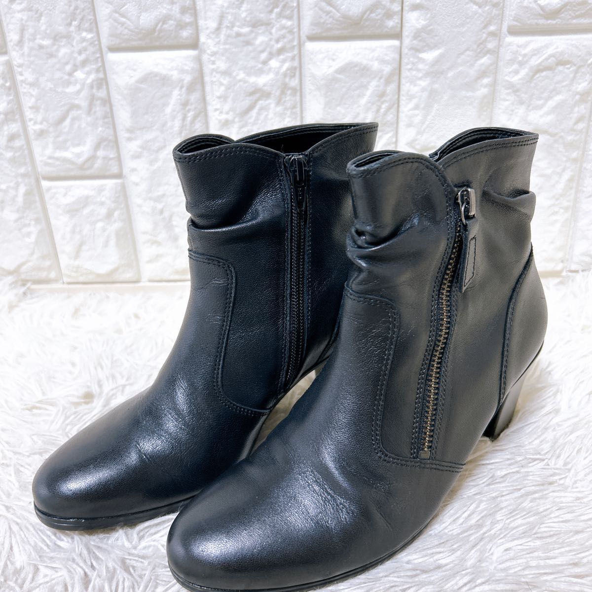美品 Gabor サイドジップ ブーティ レザー 黒 ヒール ガボール 美品 Gabor サイドジップ ブーティ レザー 黒 ヒール ガボール