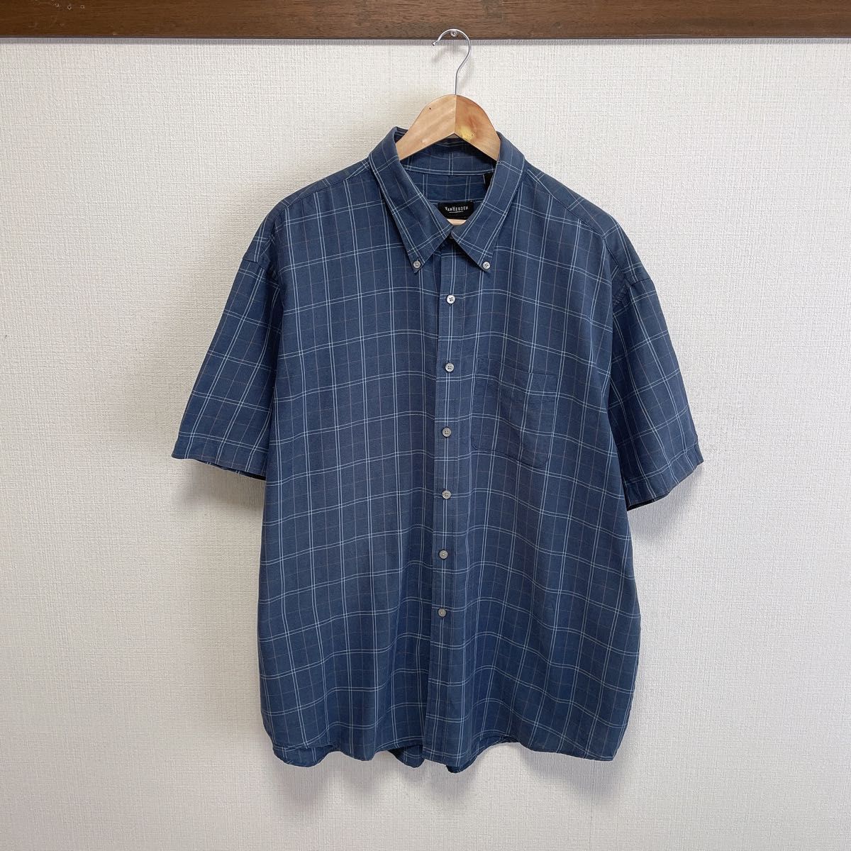 USA古着 半袖シャツ 2X ネイビー ブルー チェック柄 VAN HEUSEN USA古着 半袖シャツ 2X ネイビー ブルー チェック柄 VAN HEUSEN