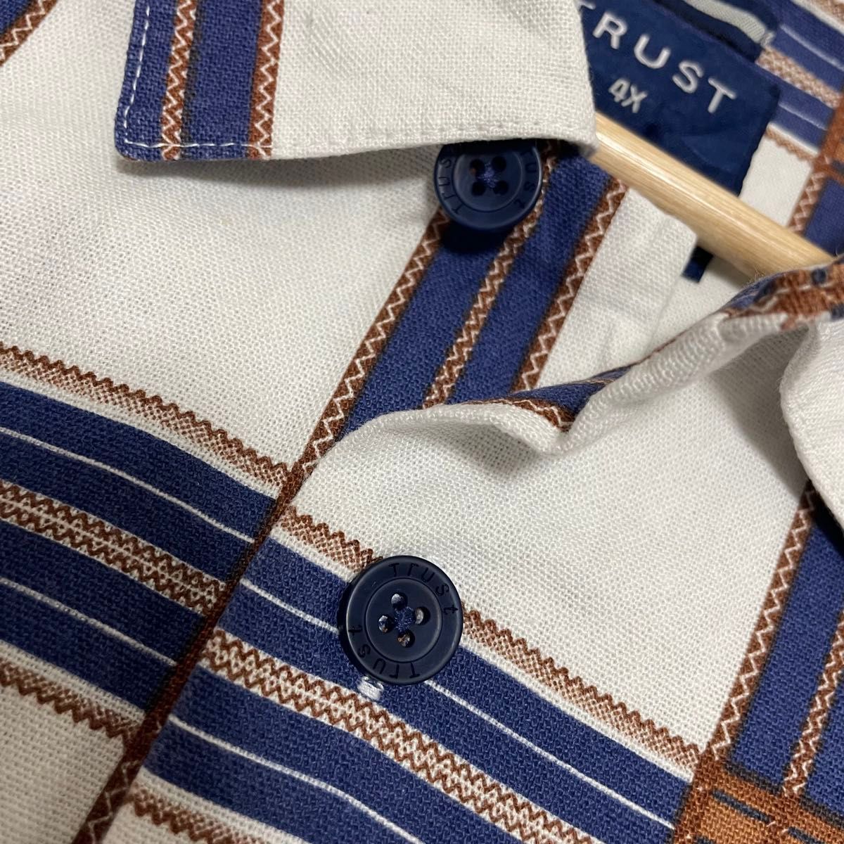 USA古着　総柄シャツ　半袖　4X　ホワイト　ブルー　チェック　リネン　レーヨン