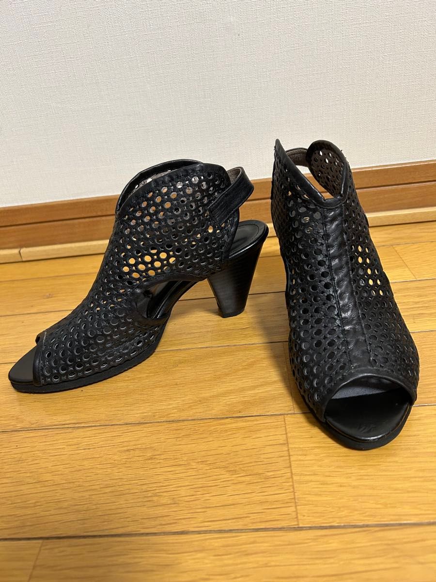 レザー オープントゥ サンダル パンチング ブラック ヒール 22 5 レザー オープントゥ サンダル パンチング ブラック ヒール 22 5