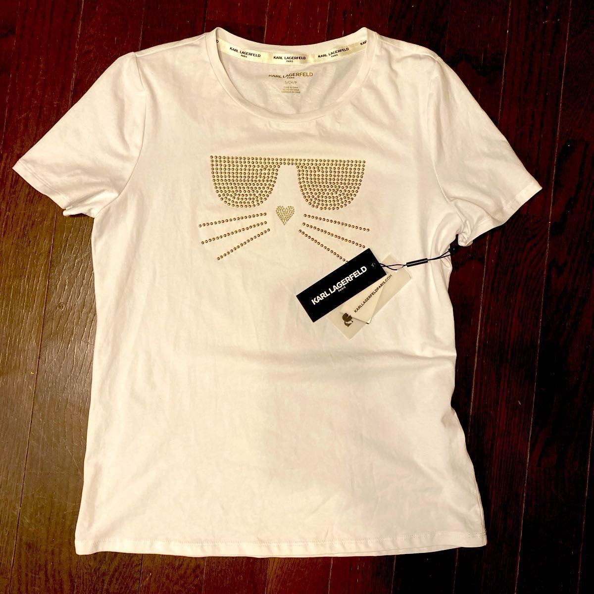 Karl Lagerfeld Paris Gold Studded Cat T-shirt White 新品未 Karl Lagerfeld Paris Gold Studded Cat T-shirt White 新品未