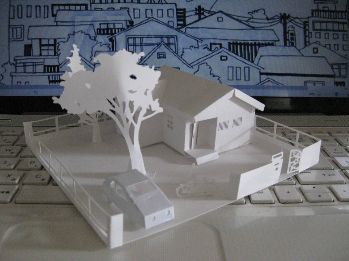 立体ハウス（住宅模型）平屋建て　切妻屋根　白仕上げ　組立済み_別途　外構