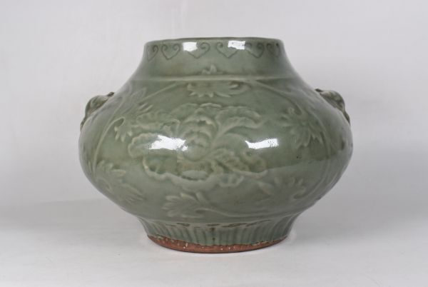 中国美術 龍泉窯 刻花紋獣面双耳花瓶 青磁 花器 花生 花入 唐物 中国美術 龍泉窯 刻花紋獣面双耳花瓶 青磁 花器 花生 花入 唐物